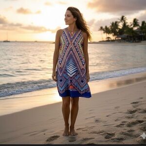 Bisou Bisou scarf print silky dressTwist Back retro 70’s colorful sz 6 cruise